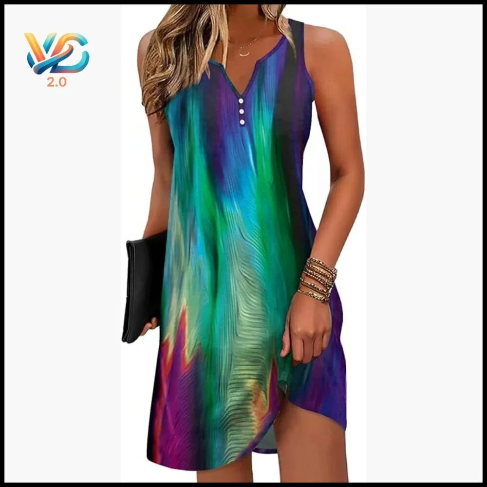 Women's Sleeveless V-Neck A-Line Dress with Pockets, Casual Boho Floral Summer